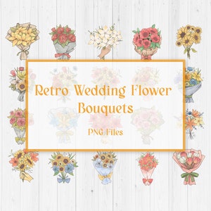Retro bloemenboeket PNG-bundel, boho-huwelijksbloemen (digitale download)