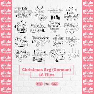 May include: A collection of sixteen black graphic designs featuring German holiday-themed text and illustrations of cookies, stars, rolling pins, and reindeer, presented as digital files for crafting projects with the label Christmas Svg German 16 Files.