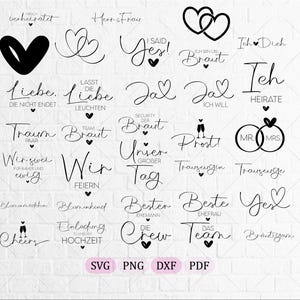 May include: A collection of black digital graphic designs featuring wedding-themed phrases and heart icons in various cursive and print fonts. The set includes text such as I Said Yes, Mr. and Mrs., Cheers, and various German wedding phrases.