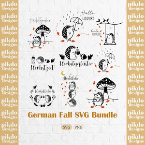 May include: A digital collection of black and white hedgehog illustrations featuring autumn themes, mushrooms, umbrellas, and falling leaves. The text includes German phrases like Herbstzauber, Hallo HERBST, bunte HERBSTGRÜẞE, Herbstzeit, Herbstgeflüster, and Herbstliebe.