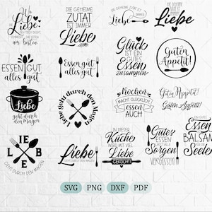 May include: A collection of black digital graphic designs featuring German kitchen-themed phrases and illustrations of cooking utensils like spoons, forks, and pots. The text includes quotes such as Liebe geht durch den Magen and Guten Appetit.