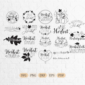 May include: A collection of black digital graphic designs featuring autumn-themed phrases in German such as Hallo Herbst, Herbstliebe, and Kürbiszeit, accompanied by illustrations of pumpkins, oak leaves, and acorns, with file formats SVG, PNG, DXF, EPS, and PDF.