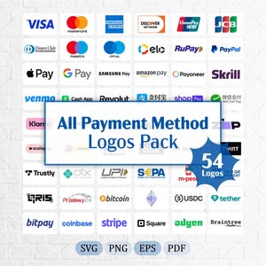 Puede incluir: Una colección digital de 54 logotipos de métodos de pago dispuestos en una cuadrícula, incluyendo marcas como Visa, Mastercard, PayPal, Apple Pay y Bitcoin. El texto central dice All Payment Method Logos Pack, con formatos SVG, PNG, EPS y PDF.