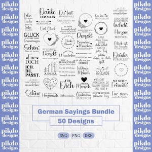 Op de afbeelding: Een digitale collectie van 50 zwarte Duitse tekstontwerpen met diverse inspirerende zinnen, harten en bloemenkransen. De centrale afbeelding bevat de tekst German Sayings Bundle 50 Designs met daaronder de labels SVG, PNG en DXF.