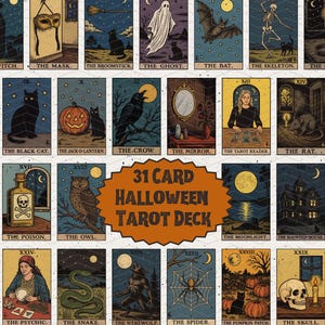 Puede incluir: Un conjunto de 31 cartas de tarot con temática de Halloween. Cada carta presenta ilustraciones espeluznantes como una bruja, un fantasma y un esqueleto, con el texto "31 CARD HALLOWEEN TAROT DECK". Las cartas tienen un estilo vintage ilustrado.