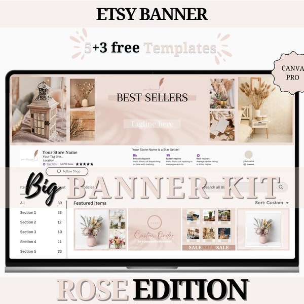 Rosa Beige Etsy Banner Marken Kit | Canva Pro Vorlagen | Minimalistisches Canva Banner Design Bundle | Marken-Kit für Etsy Verkäufer
