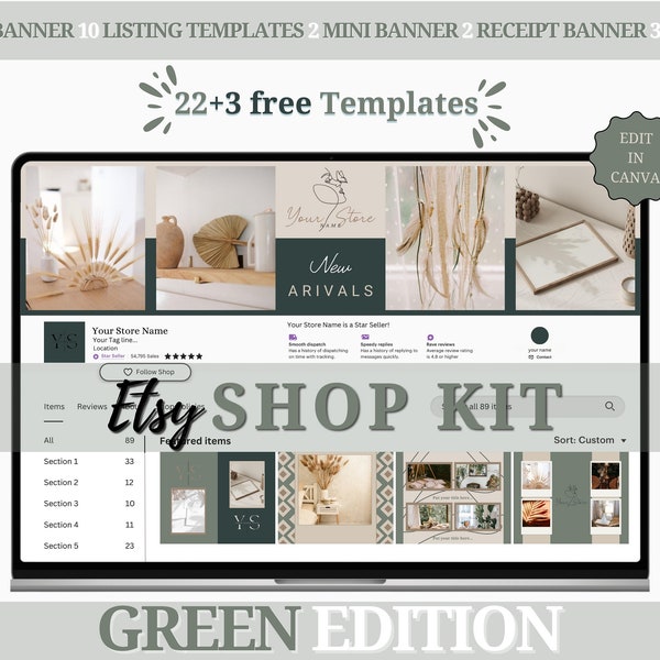 Green Etsy Shop Branding Kit | Changeable templates | Minimalist Design for Canva | Branded kit for plant (stool) sellers