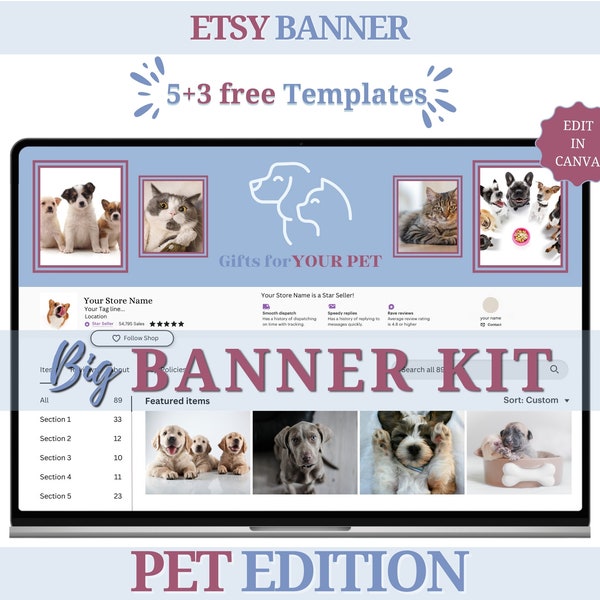 Tier Shop Banner Marken Kit | Canva Vorlagen | Minimalistisches Etsy Banner Design Bundle | Marken-Kit für Etsy Verkäufer von Tierprodukten