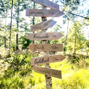 Könnte beinhalten: Ein Holzwegweiser mit mehreren Richtungspfeilen, die an einem Baumstamm befestigt sind. Die Schilder zeigen handgeschriebene Texte mit Zielen wie "Pool" (0,005 km), "Langeoog" (135 km) und "Freunde". Die Szene spielt in einem Wald.