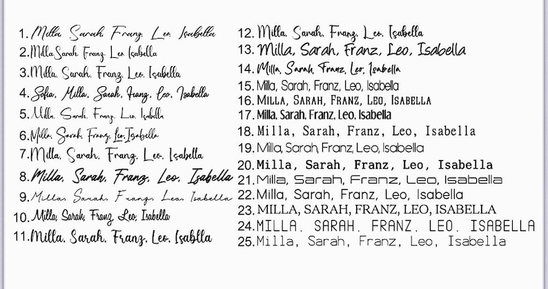 May include: A list of twenty-five numbered font options displayed in black text on a white background. Each entry features the names Milla, Sarah, Franz, Leo, and Isabella, showcasing various typographic styles, weights, and letter spacings.