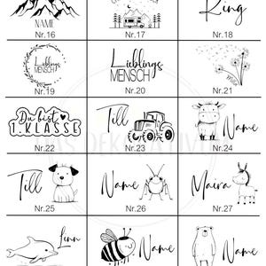 May include: A grid of fifteen black and white graphic designs for personalization, featuring illustrations of mountains, a camper, a crown, flowers, a tractor, a cow, a dog, a bug, a donkey, a dolphin, a bee, and a bear with text.