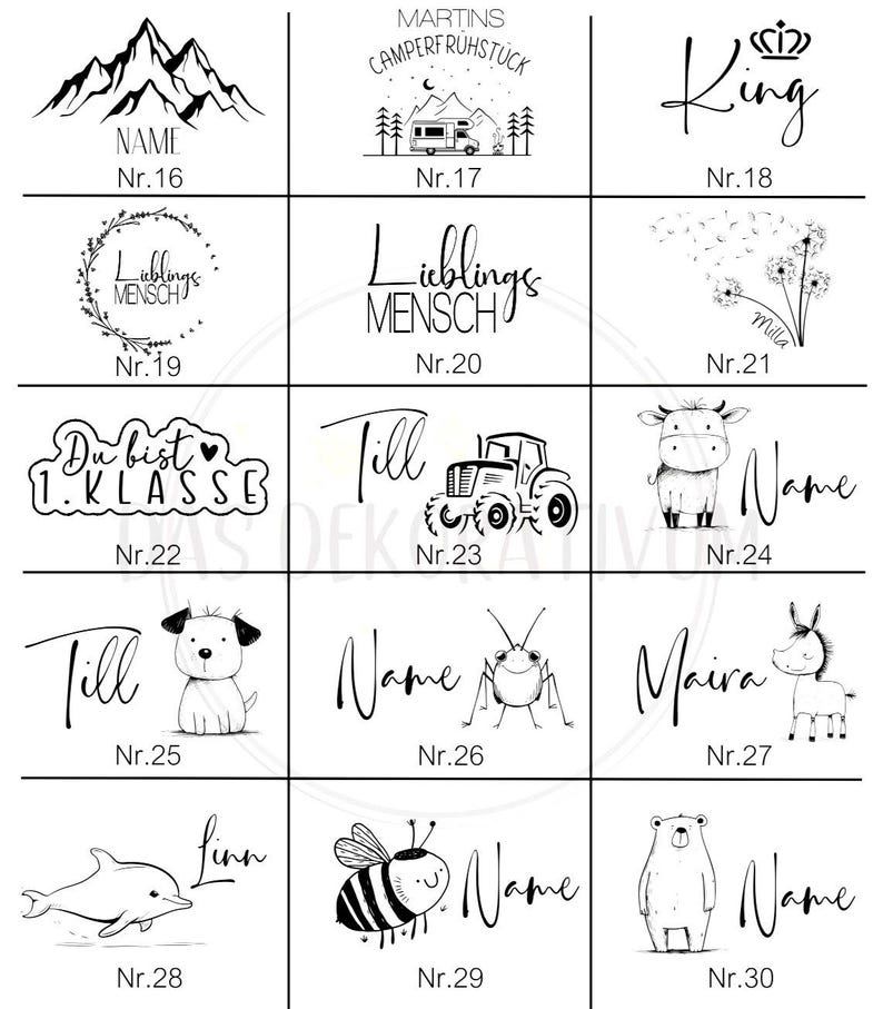 May include: A grid of fifteen black and white graphic designs for personalization, featuring illustrations of mountains, a camper, a crown, flowers, a tractor, a cow, a dog, a bug, a donkey, a dolphin, a bee, and a bear with text.