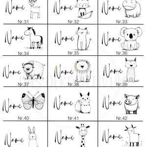May include: A grid of fifteen rectangular labels, each featuring the word Name in cursive script, a unique black and white animal illustration, and a specific reference number from Nr.31 to Nr.45. Animals include a deer, fox, hippo, horse, cat, koala, bison, lion, wolf, butterfly, squirrel, pig, rabbit, giraffe, and goat.