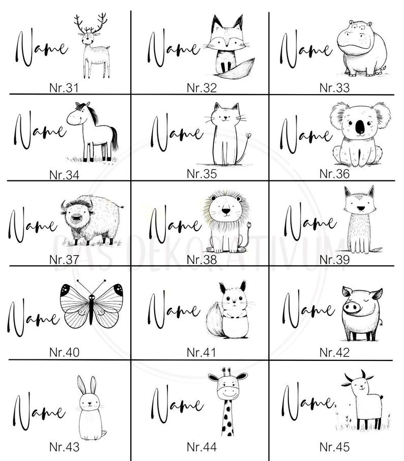 May include: A grid of fifteen rectangular labels, each featuring the word Name in cursive script, a unique black and white animal illustration, and a specific reference number from Nr.31 to Nr.45. Animals include a deer, fox, hippo, horse, cat, koala, bison, lion, wolf, butterfly, squirrel, pig, rabbit, giraffe, and goat.