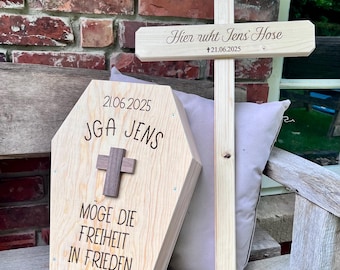 Personalisierter Sarg & Kreuz für den Junggesellenabschied | JGA | Braut | Bräutigam Heimtierurne | gravierte Holzkiste für den JGA