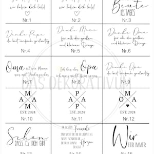 Ein Raster von 15 weißen Quadraten mit schwarzem Text. Die Quadrate enthalten Sätze wie „Guten Morgen Mama, wir lieben dich!“ und „Danke Papa, du bist einfach großartig!“ zusammen mit dekorativen Elementen.