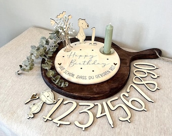 Personalisierter Geburtstagsteller Dachs & Bär mit Zahlen | Kerzenteller | Geburtstagskranz | erster Geburtstag | Gewicht | Größe | Uhrzeit