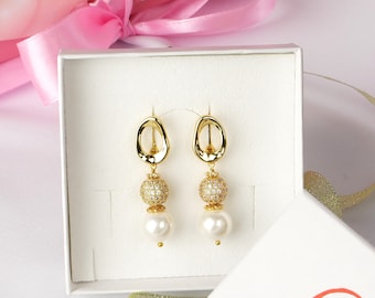 Gold-plated earrings with a large Shell pearl, Elegant gold ball earrings, Unique earrings, Gold disco ball earrings, Valentine day gift