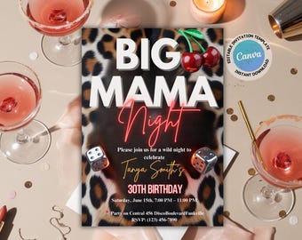 Convite com estampa de leopardo Big Mama Cherry Girls Night, jantar de aniversário e modelo de convite para bebidas, convite para Ladies Night, convite com estampa de leopardo