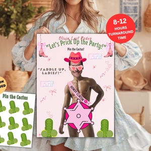 Poster stampabile personalizzato per l'addio al nubilato dell'ultimo rodeo, gioco western per feste, tema cowgirl, spilla divertente con il cactus, decorazione per il viso dello sposo