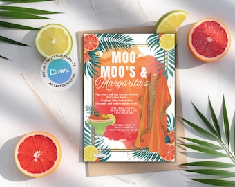 Moo Moos & Margaritas party Invitation Digital Bachelorette Party Invitation Ladies Night Invitation Cocktail Tropical Boho girls Invitation