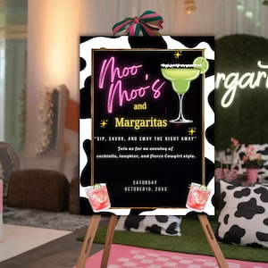 Mumu & Margaritas party welcome sign Digital Bachelorette Party sign Ladies Night party sign Cowgirl Print Neon party welcome poster MooMoos
