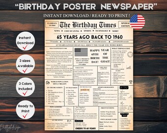 65th Birthday Newspaper poster 1960 65th Birthday Gift for Men and Women 65thth Birthday Decoration home Back in 1960 Gift for Him Gift Her