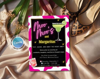 Glam Moo moos & Margaritas Invitation Girls Night Invite Bachelorette Party Pajama Ladies Night Invite Pink Leopard print invite Neon party