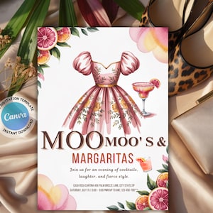 Moo Moos & Margaritas Invitation Digital Ladies Night Invite Bachelorette Party Pajama Girls Day Party Invitation Pink Moo Moos boho invite