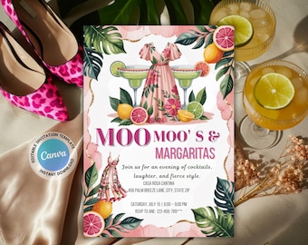 Moo Moos & Margaritas Ladies Night Invitation: Bachelorette Party Invite (Digital Template 5x7in Canva Edit)