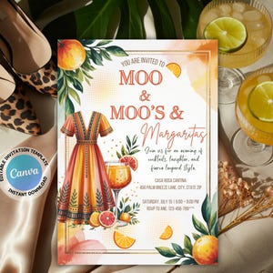 Moo Moos & Margaritas Ladies Night Einladung: Pyjama-Party, Bachelorette (Canva Template, 13x18, digitaler Download)