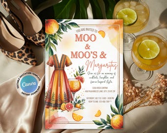 Moo Moos & Margaritas Ladies Night Invitation: Pajama Party, Bachelorette (Canva Template, 5x7, Digital Download)