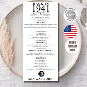 Puede incluir: Un letrero vertical en blanco y negro con información de 1941. Incluye datos sobre la población mundial, noticias, música, películas y precios. También se incluye una tarjeta de datos curiosos. El letrero está sobre un plato.