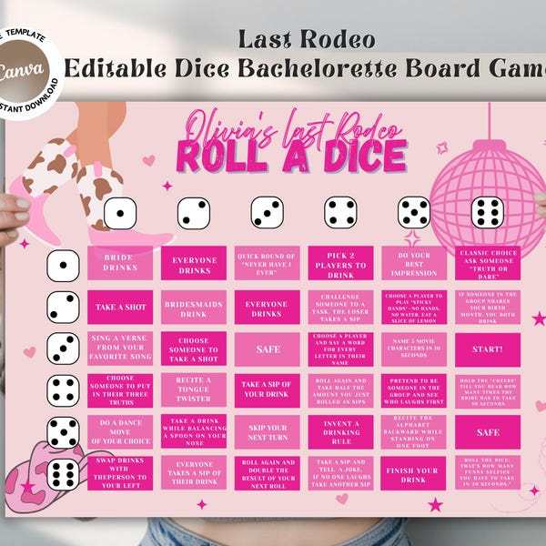 Juego de beber para la despedida de soltera de Last Rodeo: Fiesta de vaqueras disco (Plantilla imprimible y editable de Canva)