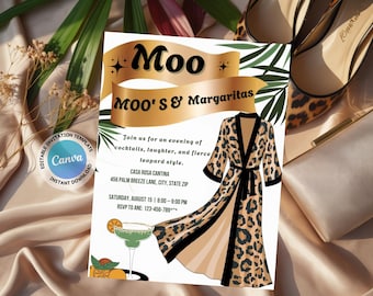 Moo Moos & Margaritasパーティー招待状 デジタル独身パーティー招待状 レディースナイト招待状 ヒョウ柄ガールズナイト招待状