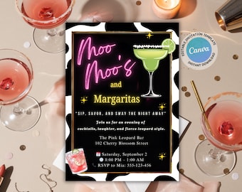 Glam Moo moos & Margaritas Invitation Girls Night Invite Bachelorette Party Pajama Ladies Night Invitation Cowgirl print invite Neon party
