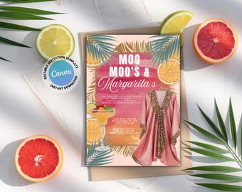 Moo Moos & Margaritas Invitation Digital Ladies Night Invite Bachelorette Party Pajama Girls Night Party Invitation Pink Tropical margaritas
