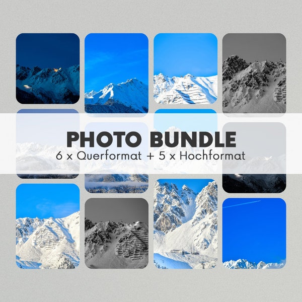 Bundle of 11: Snow-covered mountains of the Tyrolean Alps above the city of Innsbruck as inspiration for a winter holiday in your home or office