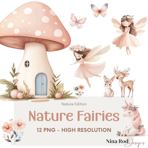 Fées de la nature Clipart Bundle | Éléments fantaisistes de conte de fées | Licorne mignonne, animaux de la forêt et maison aux champignons | LICENCE COMMERCIALE INCLUSE