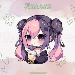May include: A cartoon illustration of a girl with pink and purple hair wearing a black jacket and holding a bubble tea. The background is a pink and white watercolour design with hearts and flowers.