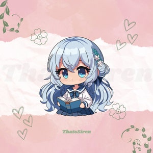 Può includere: Un personaggio anime con i capelli blu, occhi grandi e un'uniforme da marinaio blu e bianca sta leggendo un libro blu. Il personaggio è circondato da cuori rosa e fiori.