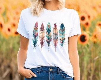 T-shirt violet imprimé plumes Boho, chemise unisexe avec motif plumes boho, tee-shirt imprimé plumes Lavande Boho.