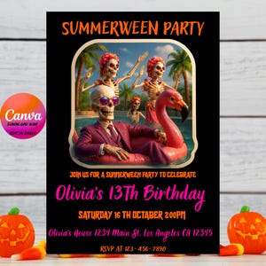 Editable Summerween Birthday Invitation,Summer Halloween,Skeleton Birthday