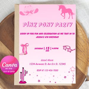 Pink Pony Club Coquette Style Birthday Party Invitation Flyer Template | Editable Canva Invite | Girl&#39;s Birthday Printable