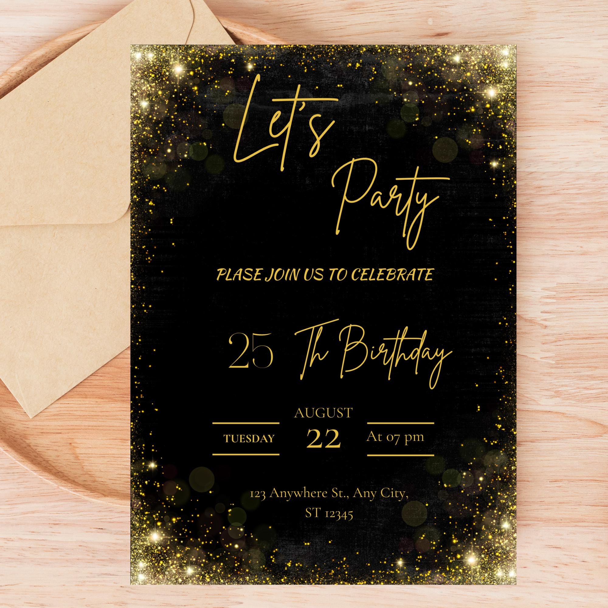 Let's Party Gold Glitter Birthday Party Invitation,gold Glitter Invitation  Template,editable Template,instant Download - Etsy, image size:2000x2000