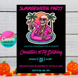 Summerween Birthday Invitation,Summer Halloween,Skeleton Birthday