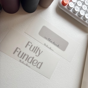 May include: Two white envelopes with gray text. One reads "Fully Funded" in large letters, and the other says "in the bank." Both have a signature-style logo. A calculator and other office supplies are in the background.