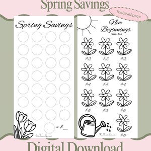 K&ouml;nnte beinhalten: Schwarz-Wei&szlig;-Digital-Download mit zwei Spar-Trackern f&uuml;r den Fr&uuml;hling. Einer hat Kreise zum Sparen, der andere Blumenillustrationen mit Betr&auml;gen. Der Text enth&auml;lt "Spring Savings", "New Beginnings" und "Digital Download."