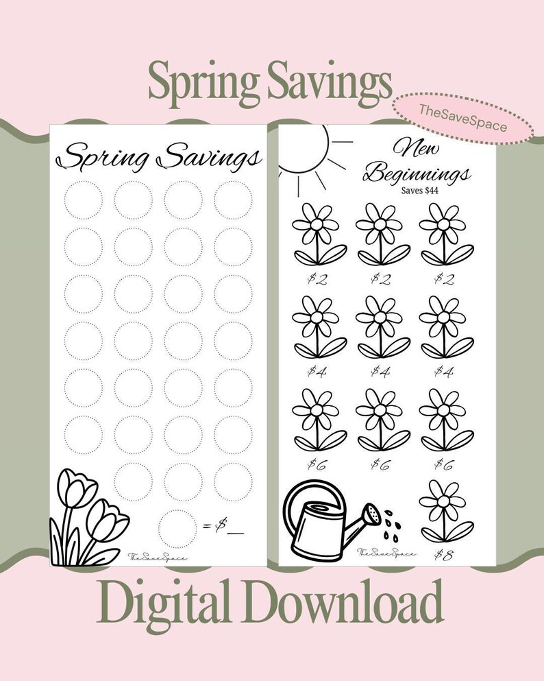 K&ouml;nnte beinhalten: Schwarz-Wei&szlig;-Digital-Download mit zwei Spar-Trackern f&uuml;r den Fr&uuml;hling. Einer hat Kreise zum Sparen, der andere Blumenillustrationen mit Betr&auml;gen. Der Text enth&auml;lt "Spring Savings", "New Beginnings" und "Digital Download."
