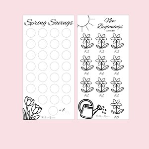 K&ouml;nnte beinhalten: Zwei schwarz-wei&szlig;e Budgetbl&auml;tter mit floralen und fr&uuml;hlingshaften Designs. Auf einem Blatt steht "Spring Savings" mit Kreisen zur Verfolgung. Auf dem anderen steht "New Beginnings" mit Blumenillustrationen und Sparbetr&auml;gen.